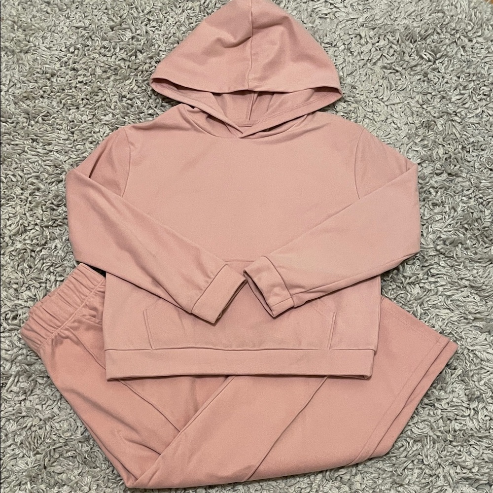 Cat & Jack Dusty Rose Brushed Knit Hoodie & Wide Leg Pants Outfit, Size S (6/7)